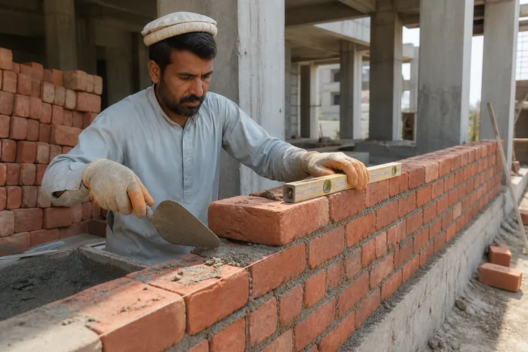 Mason checking the level of a red-brick wall within a concrete frame