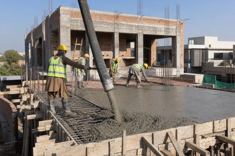 Fresh concrete being placed over a reinforced residential slab in Pakistan