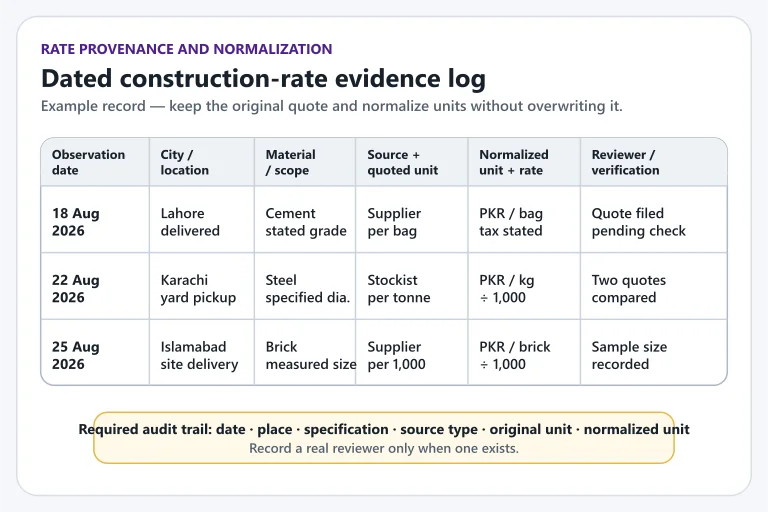 Dated construction-rate log with location, material, source, quoted unit, normalized unit and verification fields