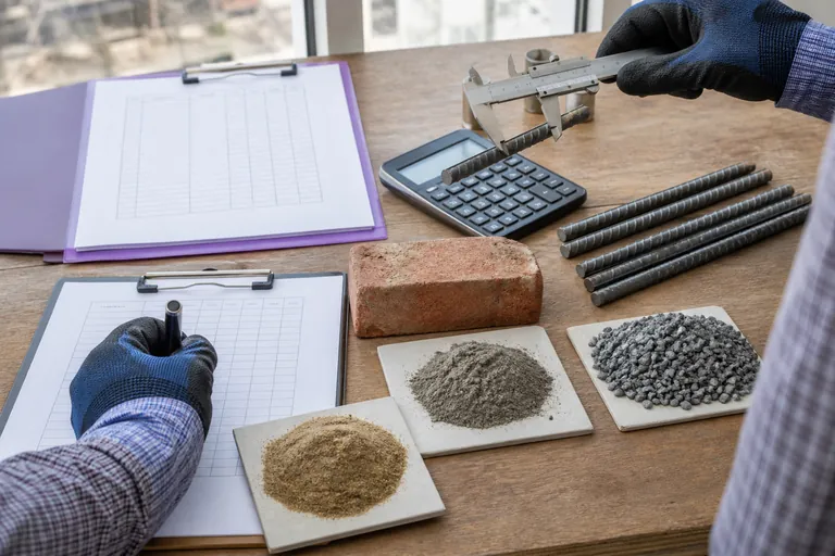 Construction estimator checking rebar and material samples against supplier evidence
