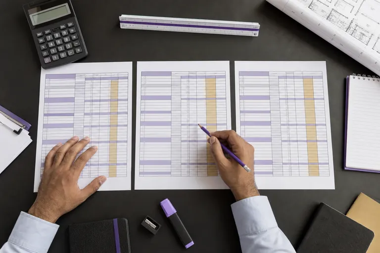 Three structured construction price sheets being compared on one desk