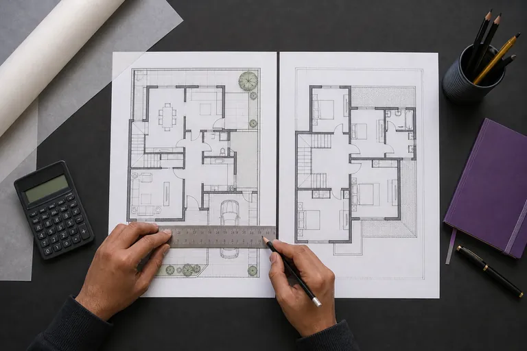 Residential floor plans being measured before choosing a construction calculator