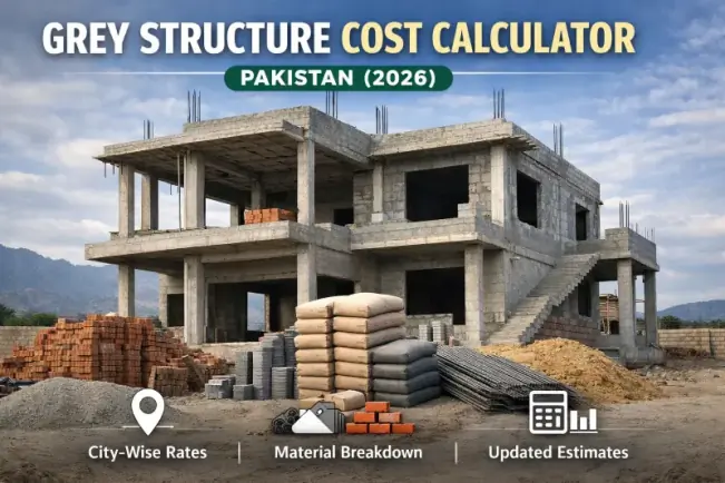 Grey structure house under construction in Pakistan with concrete columns, brick masonry and roof slab - grey structure cost estimation