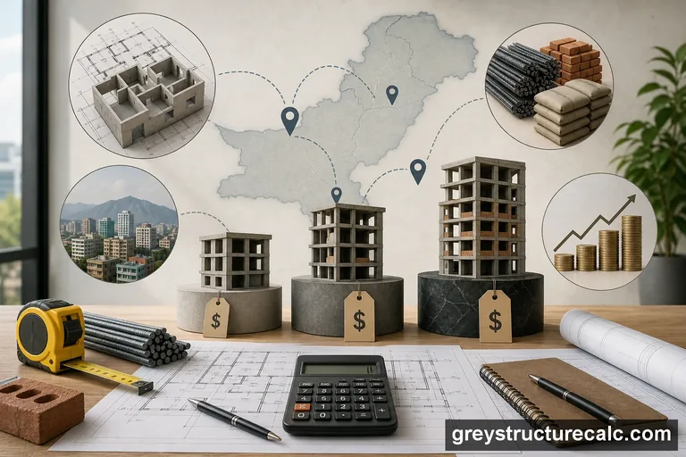Pakistan map and construction plans illustrating location-based cost variation