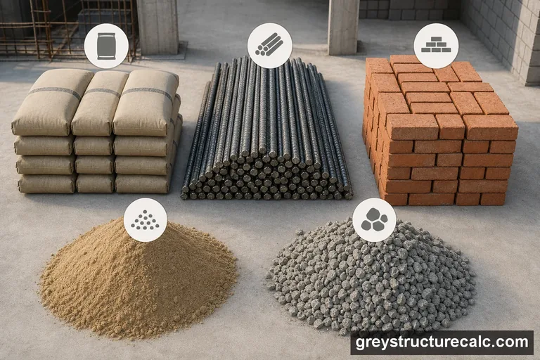 Cement, reinforcement, brick, sand and aggregate used in grey-structure estimating