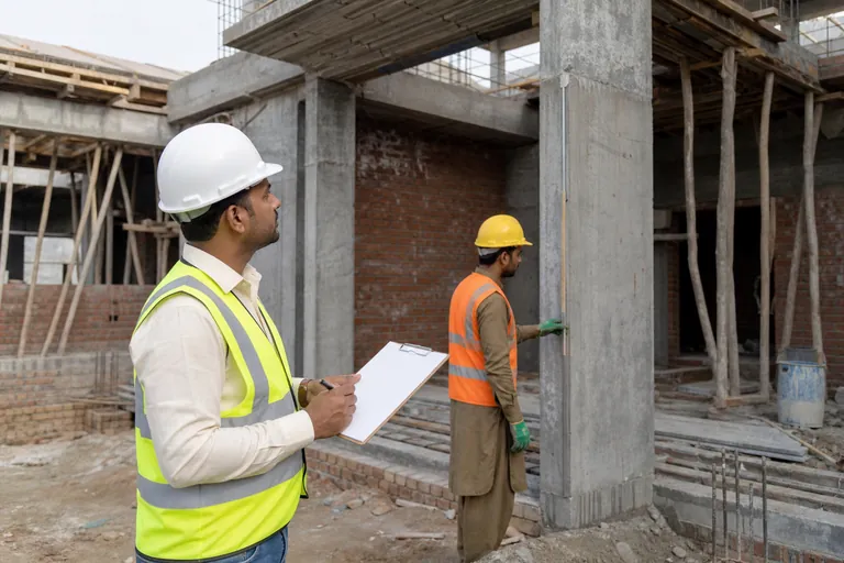 Engineer reviewing concrete and masonry work on a residential grey-structure site