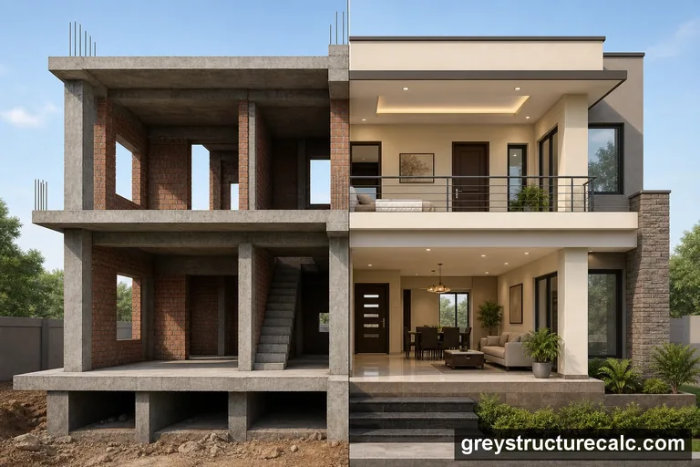 Split house showing an unfinished structural shell beside the completed finished home