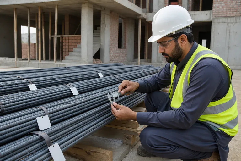 Engineer checking the diameter of reinforcement bars stored above ground